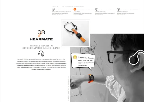 HearMate project opening page, with a bone-conduction headset and AI watch