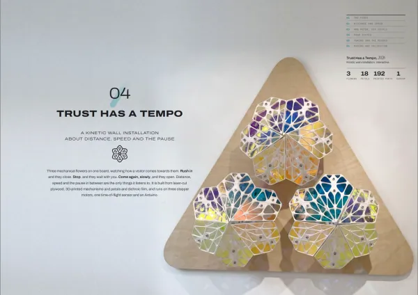 Trust Has a Tempo opening page, showing three mechanical flowers