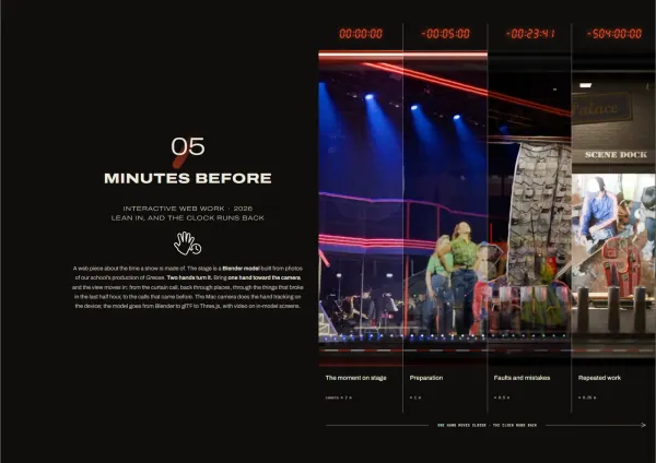 Minutes Before opening page, with a layered model of the Grease stage