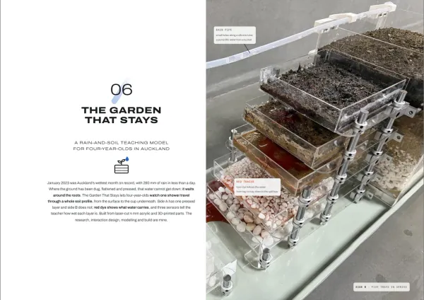 The Garden That Stays opening page, showing a layered rain and soil teaching model